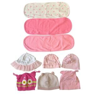 Pack of 9 | 3 Carter’s Burp Cloths OS Pink | 6 Baby Hats NB 12M 18M White Pink